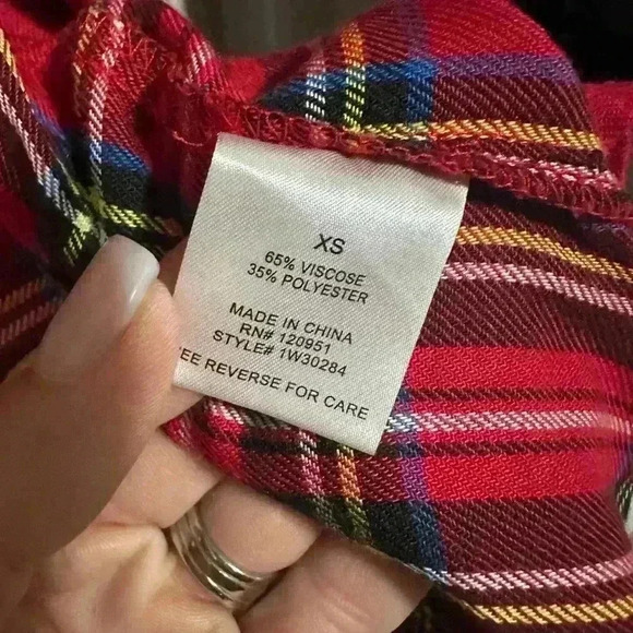 Hippie Rose Red Long Plaid Flannel Shirt, XS Long Sleeve, Soft Cozy Fall Holiday - Picture 3 of 4